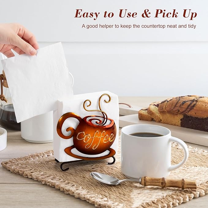 Coffee Napkin Holder for Table - Coffee Bar Decor Filter Holder for Counter, Tissue Napkin Dispenser Table Decor for Kitchen Home, Housewarming Gifts for Women, 3D Handmade Pattern, Metal