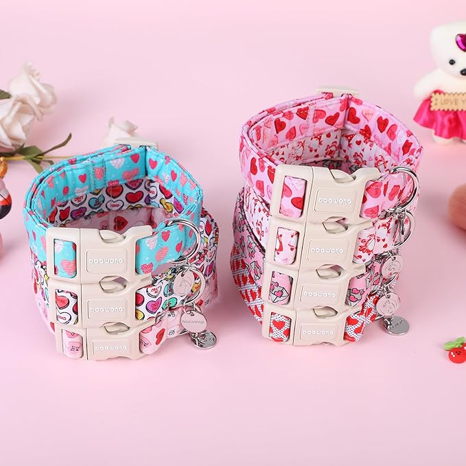 DOGWONG Valentine's Dog Collar - Blue Heart Chocolate, Multicolor - Small, Soft Cotton - Perfect for Small Dogs