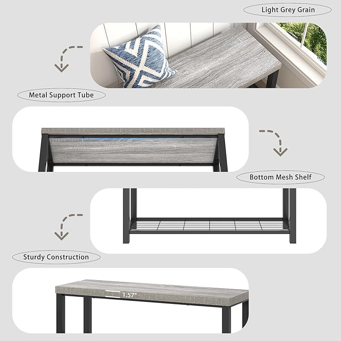 FOLUBAN Entryway Bench, Rustic Wood and Metal Shoe Storage Bench for Hallway Front Door Entrance, Industrial Indoor Bench for Bedroom Living Room, 43.3 Inch Light Grey