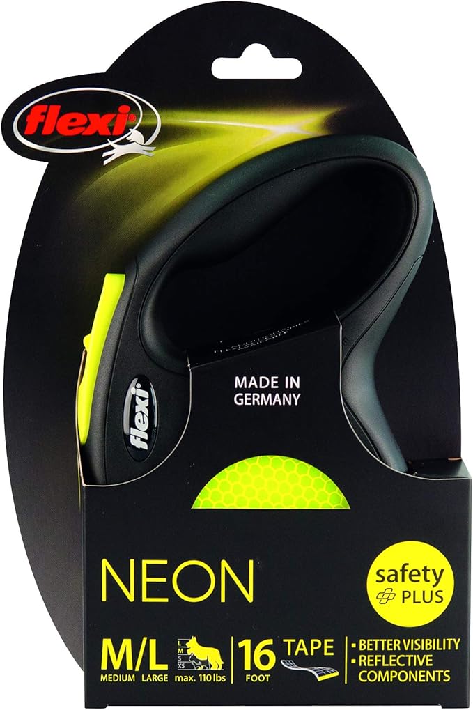 FLEXI New Neon Tape Retractable Dog Leashes for Large Dogs Upto 110 lbs. – 16 ft., Neon Yellow/Black | Tangle Free Pet Walking Leash with One-Handed Brake, Pause, Lock|German Quality Product