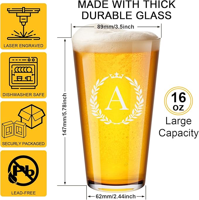 Personalized Beer Glasses Gifts for Men, 16 oz Pint Glasses Monogrammed A-Z Drinking Glass Cups Customized Gift, Unique Christmas Anniversary Birthday Gifts for Men Him Dad Brother Husband Grandpa (A)