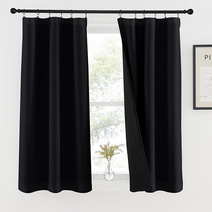 NICETOWN Black 100% Blackout Curtains 45 inches Long for Kitchen, Rod Pocket Basement Completely Blackout Window Treatment Thermal Insulated Lined Drapes for Small Window (1 Pair, 37" Width per Panel)