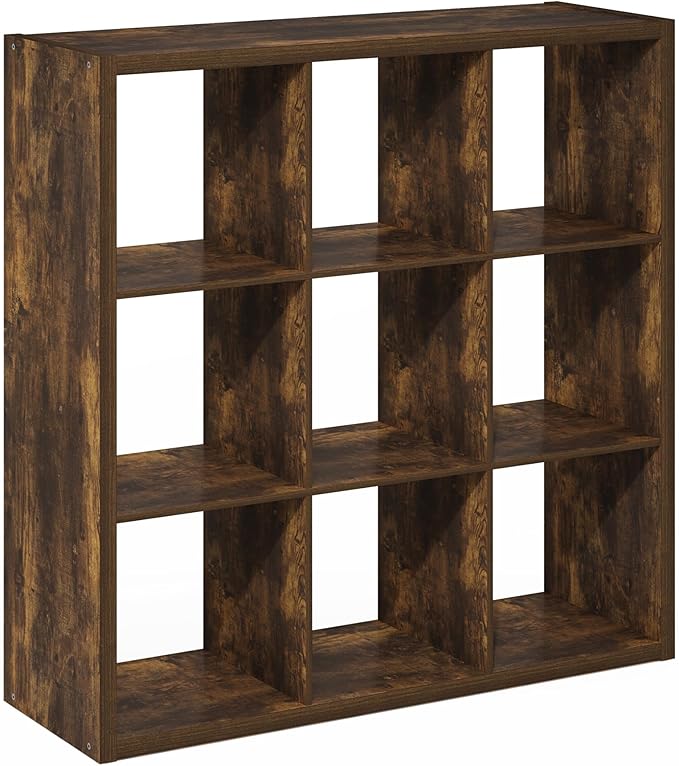 Furinno Cubicle Open Back Decorative Cube Storage Organizer, 9-Cube, Amber Pine