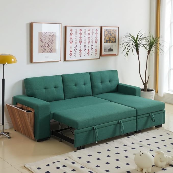 L-Shape Sofa Bed, 92" Sectional Couch with Storage Chaise, Pull Out Sleeper Sofa with Side Compartment, Convertible Corner Couch for Living Room Apartment, Green