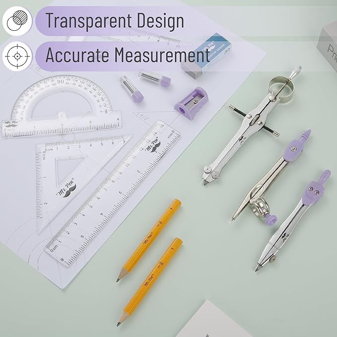Mr. Pen- Geometry Set, 13 pcs, Compass for Geometry Compass, Geometry Kit Set with Shatterproof Storage Box, Math Compass, Geometry Set for School, Compass Math, Protractor and Compass Set, Purple