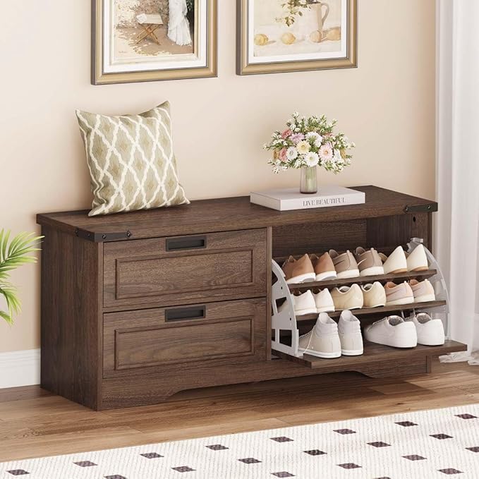 FATORRI Bench with Shoe Storage for Entryway, Wooden Shoe Benches with Flip Door and Drawers, Entry Way Shoes Organizer Cabinet for Living Room Mudroom (Dark Walnut)