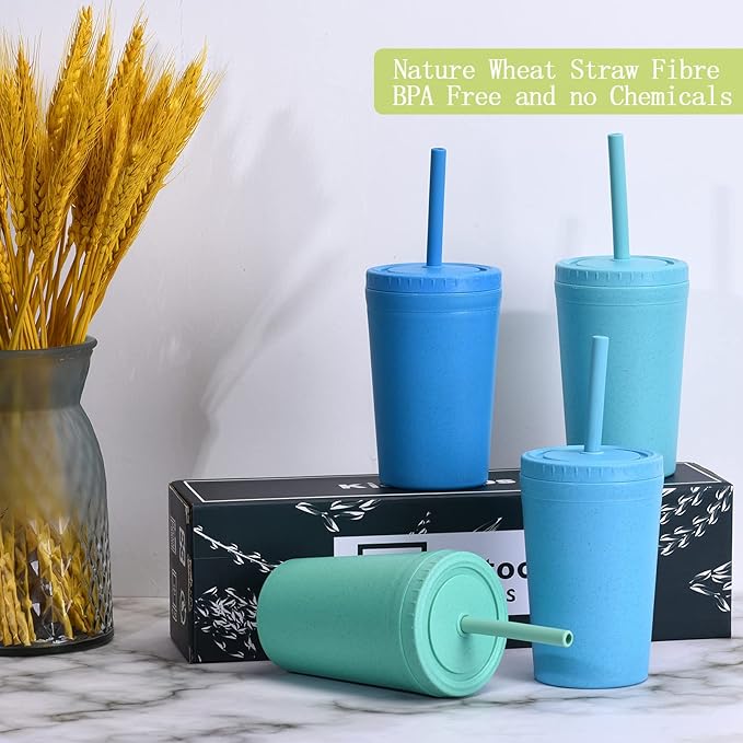 Homestockplus Reusable Wheat Straw Cups with Lid and Straws, 10 Oz Chip Resistant Drinking Cups, Small Water Cups with Silicone Straws - BPA Free Dishwasher Safe for Milk, Drinks, Smoothies