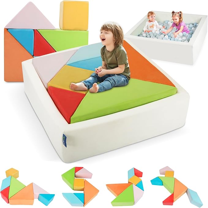 Kids Play Sofa, Tangram Square Puzzles Couch Furniture, Modular Kids Play Couchs Furniture, Puzzle Solving Couch Building Fort for Playroom Bedroom Boys Girls Teens, Rainbow