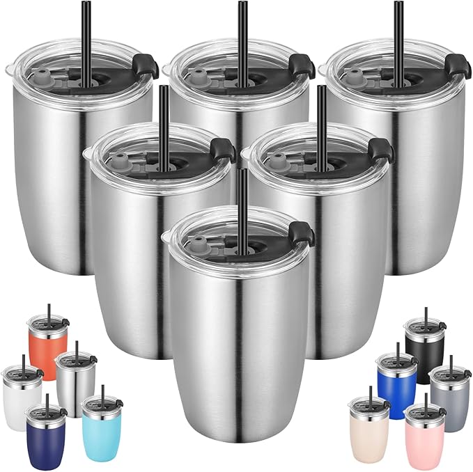 VEGOND Stainless Steel 12 oz Tumblers bulk Vacuum Insulated Double Wall Travel Tumbler with Lid and Straw Reusable Tumbler, Stainless 6 pack