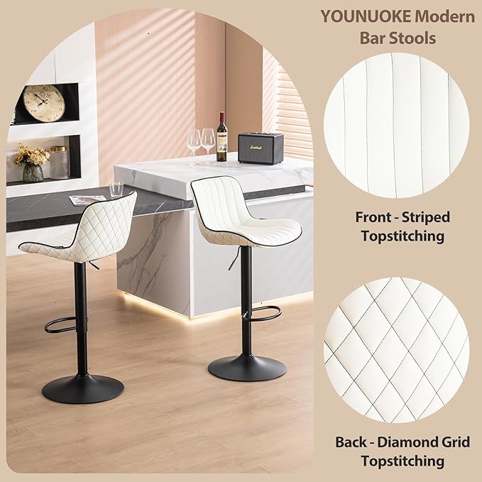 YOUNUOKE Bar Stools Set of 2, Adjustable Swivel Counter Height Chairs with Back, White PU Leather Upholstered Barstools for Kitchen Island Home Bar