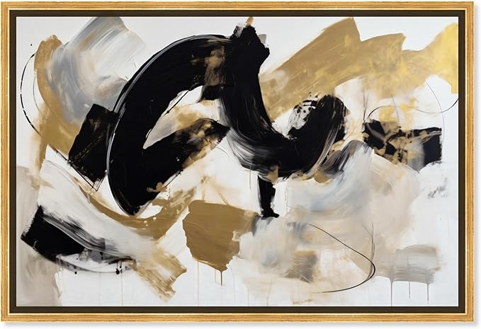 Art Remedy Moved Abstraction Canvas Modern Black White Abstract Wall Art, Gold Frame, 54" x 36"