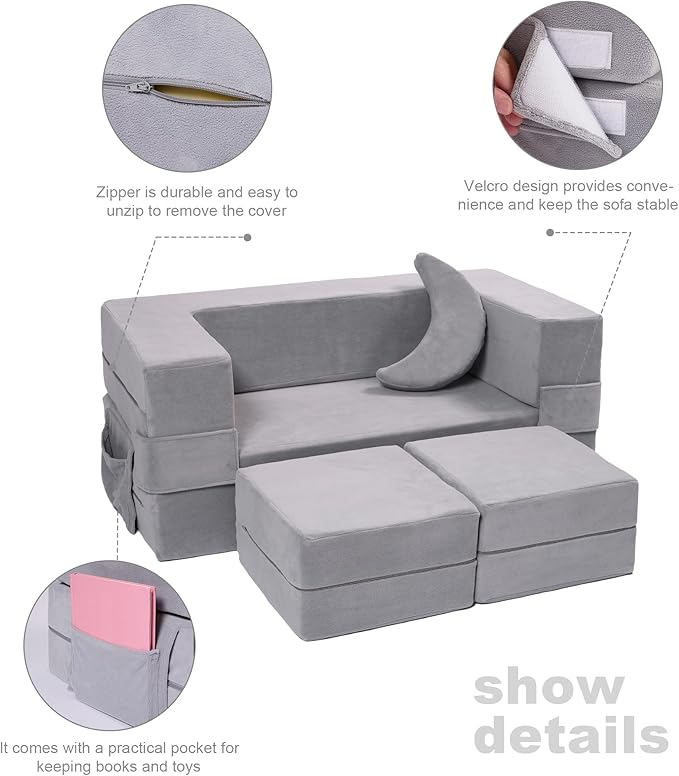 Modular Kids Sofa,Toddler Couch Foam Armchair for Kids, Children Convertible Plush Sofa Play Set,Fold Out SofaBed(Grey)