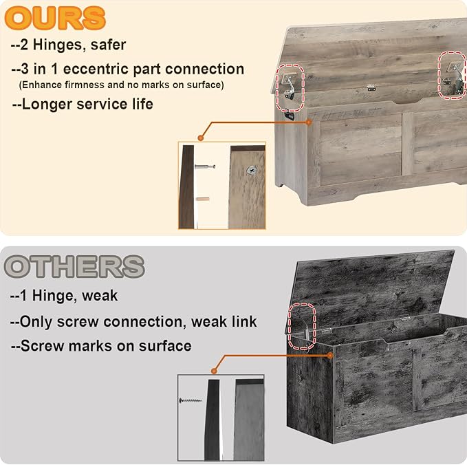 39.4" Storage Chest, Wooden Storage Bench, Lift Top Toy Chest with 2 Safety Hinges, Large Toy Box, Entryway Bench for Living Room, Bedroom, Grey