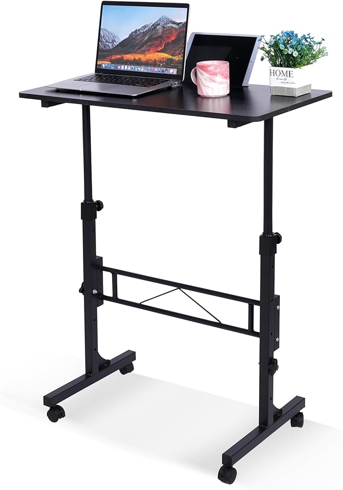 Standing Desk Adjustable Height, Mobile Stand Up Desks with Wheels Small Computer Desk Rolling Desk, Portable Laptop Desk Black Standing Table Sit Stand Home Office Desks 16"x31.5" Height 27"-43.5"