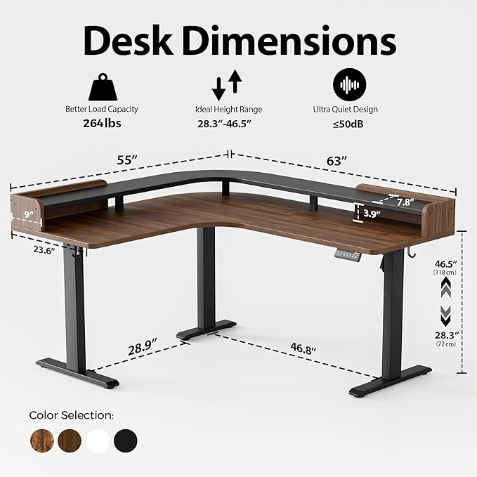 Agilestic L Shaped Standing Desk, Corner Desk with Monitor Shelf, Adjustable Height Gaming Table, Sit Stand Up Table, 63 x 55 Inch Home Office Computer Workstation, Splice Board, Dark Walnut
