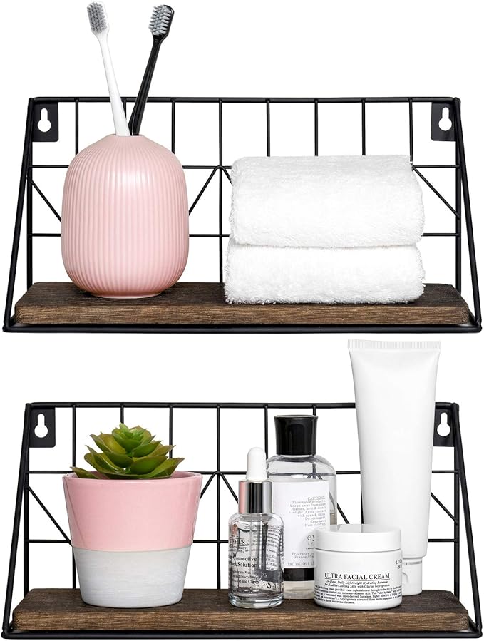 Mkono Floating Shelves Wall Mounted Set of 2 Rustic Wood Storage Display Shelf with Metal Wire Basket 11.5 Inches, Hanging Shelf for Bedroom Bathroom Living Room Kitchen Office, Brown,Small