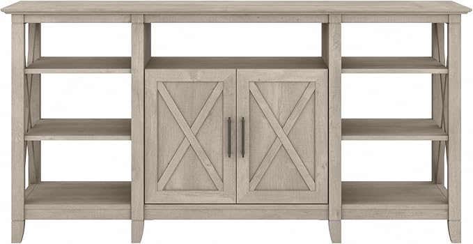 Bush Furniture Key West Tall TV Stand for 65 Inch TV in Washed Gray, Farmhouse Entertainment Center with Storage