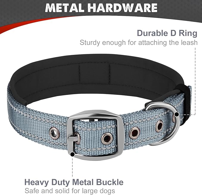 Joytale Dog Collar for Medium Dogs, Neoprene Padded and Adjustable, Reflective Wide Heavy Duty Pet Collars with Durable Metal Belt Buckle for Walking, Gray, M
