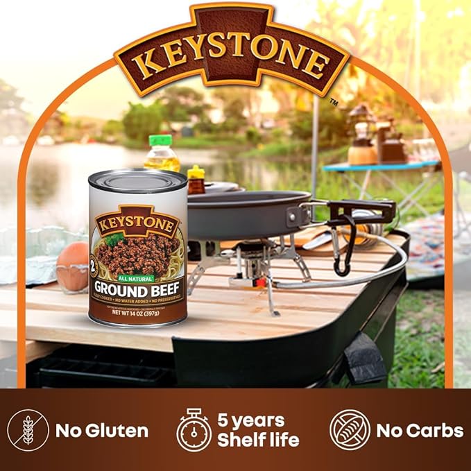 Keystone Meats All Natural Ground Beef 14 Oz Fully Cooked Canned Meat | Heat & Serve | 5-Year Shelf Life | Ready to Eat, Gluten-Free Pantry Staple | Survival & Emergency Food | Made in USA | Pack of 6