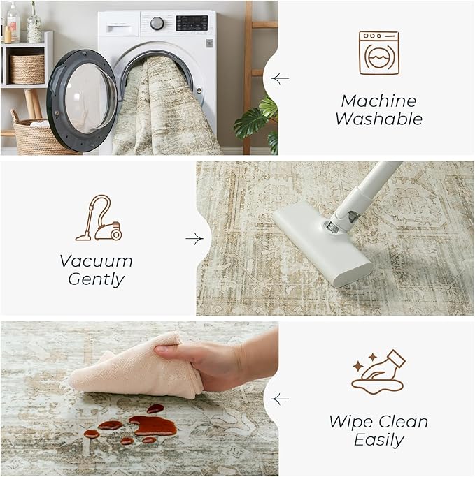 Washable Large Area Rugs 8x10 for Living Room Bedroom Dining Room, Luxury Cozy Neutral Retro Distressed Stain Resistant Beige Rug, Soft Faux Wool Non Slip Indoor Foldable Carpets
