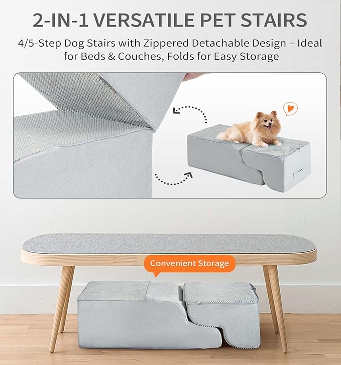 Made4Pets Dog Stairs Ramp for High Bed 22.8" H, 5-Step Pet Stairs for Bed Couch Sofa Climbing, 35D Foam Pet Steps for Small Dogs and Cats, Non-Slip Bottom Dog Steps, Light Grey