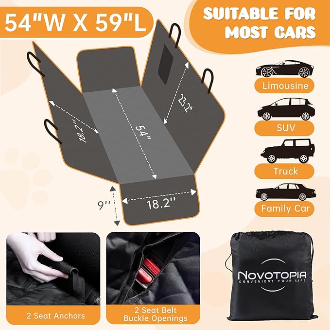 Dog Car Seat Cover for Back Seat 100% Waterproof, Long-Lasting and Soft Nonslip Backseat Dog Cover for Cars, SUVs and Trucks (Black-Orange, Standard (54" W x 59" L))