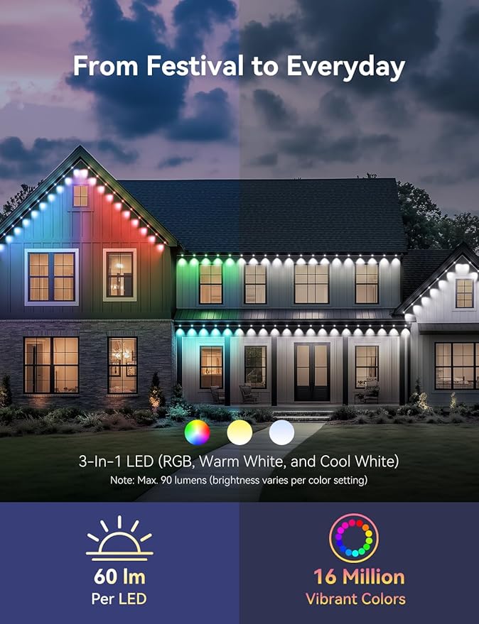 Permanent Outdoor Lights for House, RGB+IC IP67 Waterproof Smart Eave Lights 100ft with 72 LED, Eternity Lighting for Holiday Daily Decor, Work with Remote, APP