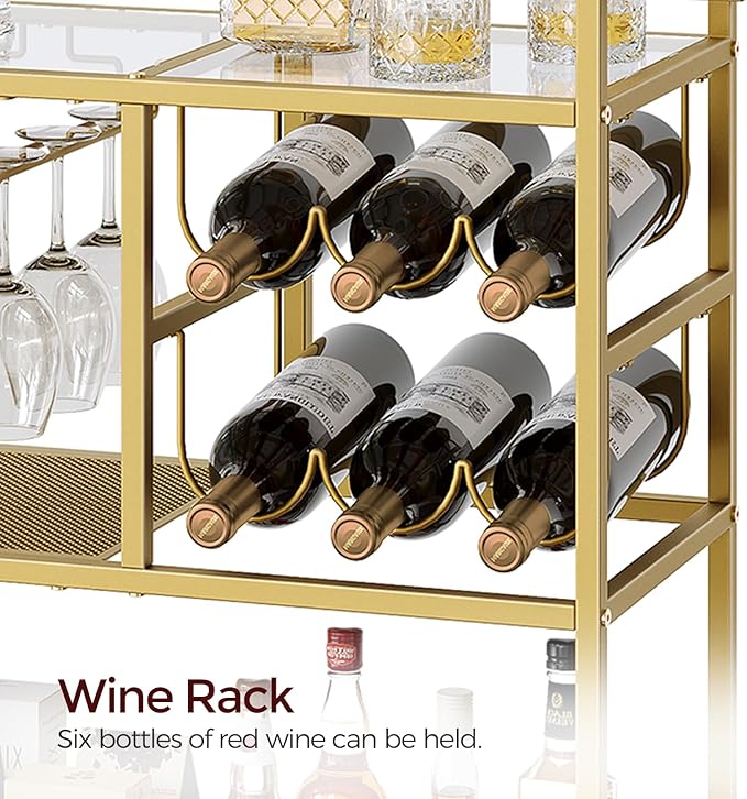 Bar Cart for Home, 3-Tier Serving Cart with Wheels and Handle, Beverage Cart with Wine Rack and Glass Holders, Rolling Wine Cart for Kitchen, Dining Room, Gold RCJ61B01