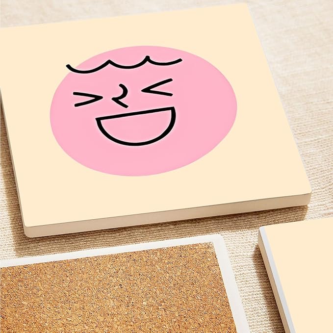 MAYCARI Cartoon Emotional Face Coasters Set of 6 Cork Backed Cute Coasters with Metal Holder Original Ceramic Surface Drink Cup Mats for Tabletop Protection Modern Desk Decoration Birthday Gifts