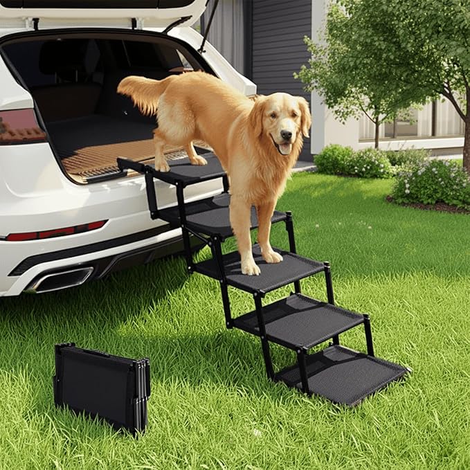 Foldable Dog Stairs for Large Dogs - Extra Wide Pet Ramp for Cars, SUV, Truck, Non-Slip Surface, Supports Up to 250 Lbs, 5 Steps