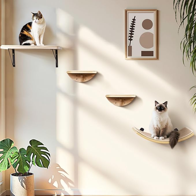 Cat Wall Shelves with Sisal Pads, 4-Piece Wooden Cats Furniture Set with Cat Window Perch, Flat Shelf & Sisal-Clad Steps for Climbing and Scratching