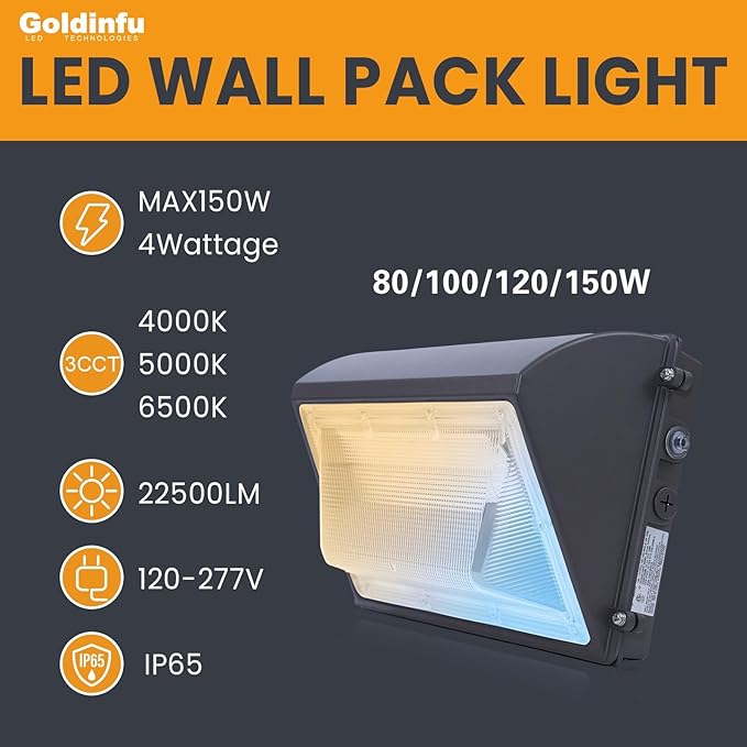 150W LED Wall Pack Light with Photocell, 4000/5000/6500K 3CCT, 80/100/120/150W Selectable, 22500LM Outdoor Wall Pack LED Exterior Light for Parking Lot Building Yard Warehouse, 100-277VAC, ETL Listed