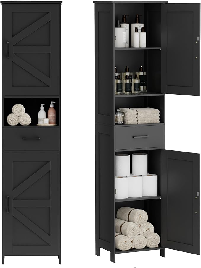 Homhedy 67" H Tall Bathroom Storage Cabinet with 2 Barn Doors and 1 Drawer, Narrow Storage Unit, Adjustable Shelves, Floor Cabinet for Bathroom, Living Room, Entryway, Kitchen, Black, (15.7" W)
