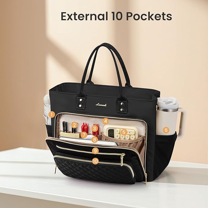 LOVEVOOK Insulated Lunch Tote Bag for Women, Large Capacity Work Bag with Laptop Compartment & Cup Holder, Water Resistant Nurse Tote for Office, Leakproof Crossbody Handbag, 15.6 Inch Black-Purple