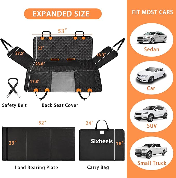 Dog Car Seat Cover Back Seats Protector, Backseat Extender Hard Bottom Rear Seat Pet Cover for Dogs, Waterproof Carseat Covers Dog Hammock Travel Accessories for Car,SUV,Truck