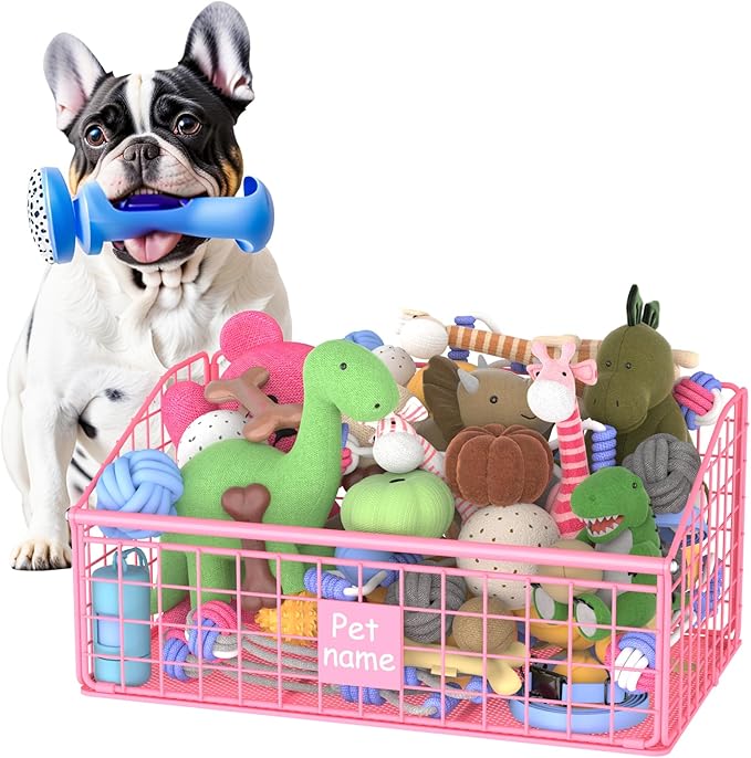 Indestructible Dog Toy basket, Medium Toy Box for Dogs,Pet Toy Bin Dog Metal Basket for Toys, Toy Storage Organizer, Living Room Area (Pink)