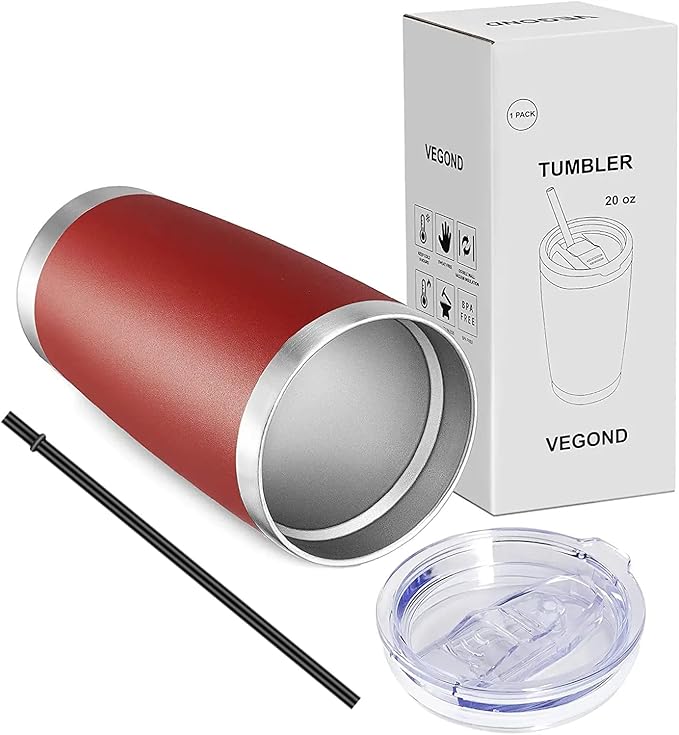 VEGOND 20oz Tumbler with Lid and Straw Stainless Steel Tumbler Cup Vacuum Insulated Double Wall Travel Coffee Mug Powder Coated Coffee Cup(Powder Red 1 Pack)