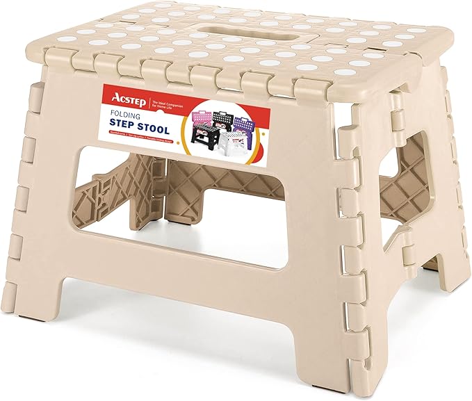 ACSTEP Folding Step Stool - 9 Inch Lightweight Plastic Non-Slip Foldable Stool for Kitchen, Bathroom, Bedroom - Khaki