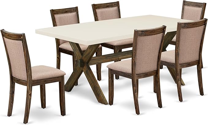 East West Furniture X727MZ716-7 7 Piece Kitchen Table Set Consist of a Rectangle Dining Table with X-Legs and 6 Dark Khaki Linen Fabric Parson Dining Chairs, 40x72 Inch, Multi-Color