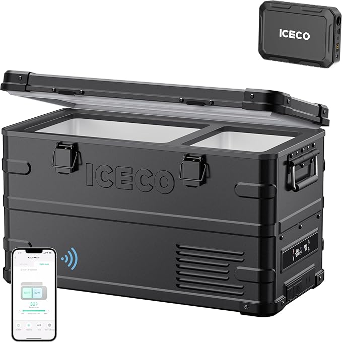 ICECO APL35 Dual Zone Portable Fridge Freezer with Battery, 12 Volt Car Refrigerator, 37 Quart Aluminum Electric Cooler, -4℉~68℉, 12/24V DC, 100-240V AC, Camper Teardrop Ideal for Camping, Outdoor