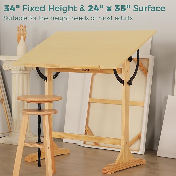 VISWIN Wood Drafting Table for Adults, 24'' x 35" Drawing Table with Adjustable Angle for Art Studio, 34" Height Solid Pine Wood Artist Desk for Drawing, Drafting, Writing, Reading, Sketching