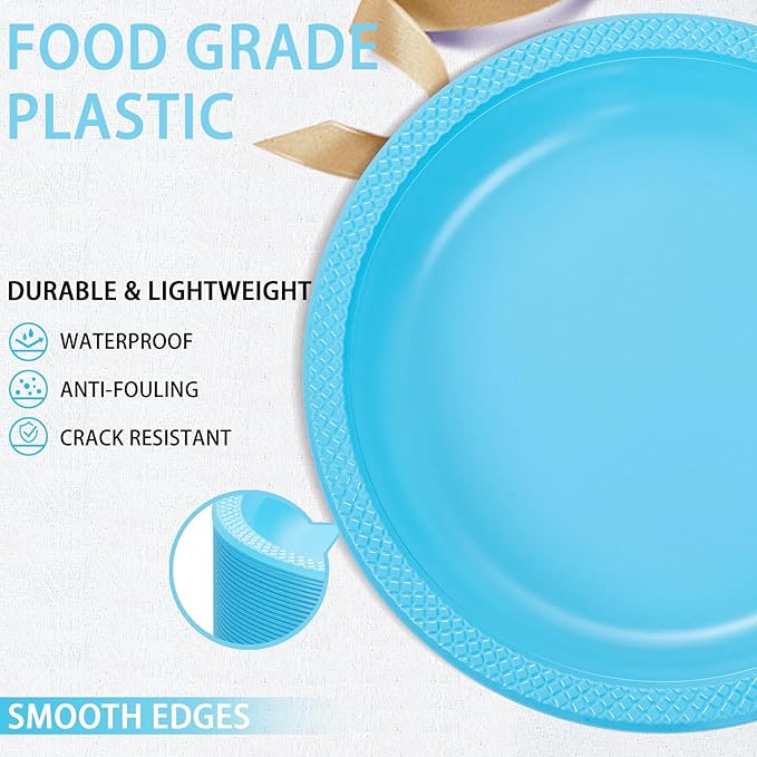 WELLIFE Light Blue Party Plates 7 Inch -150 Count, Disposable Plastic Baby Blue Dessert Plates for Party Cake Appetizer Salad Baby Shower