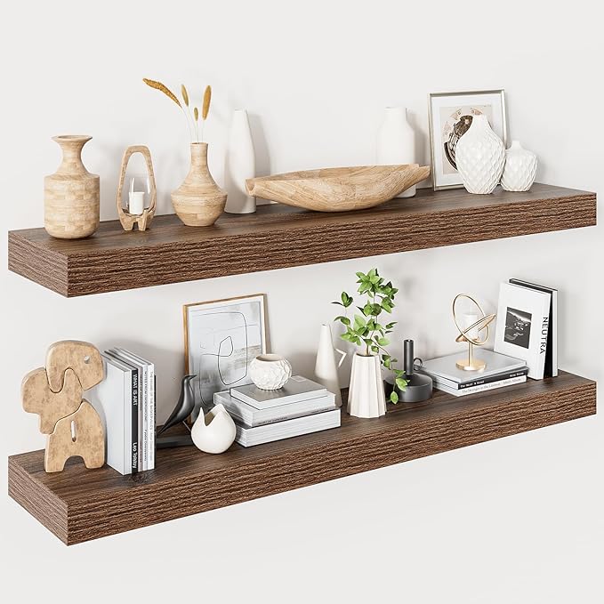 Heimlove 40 Inches Floating Shelves for Wall,9.3" Deep Walnut Long Floating Shelves Set of 2,Large Display Shelf & Storage Shelf,Wall Shelf for Bathroom Bedroom Living Room Kitchen Office