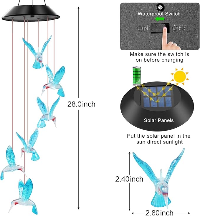 Blue Hummingbird Solar Wind Chimes Color Changing Lights Outdoor, Best Gifts for Mom Grandma Women Wife Aunt Daughter Sister, Unique Mobile Wind Chime, Gardening Yard Decorations