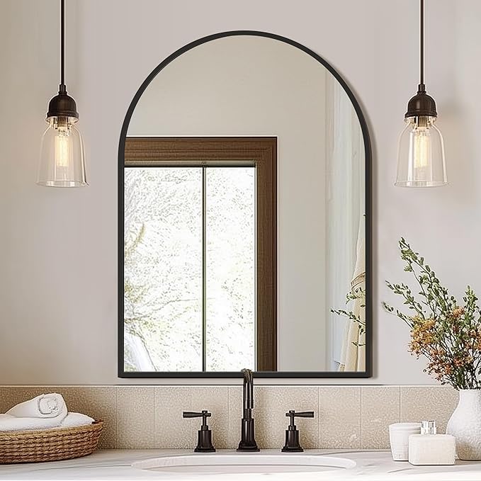 FICTOR Bathroom Vanity Mirror for Wall,40”x30” Large Arched Metal Framed Bathroom Mirror for Over Sink,Entryway, Living Room & Bedroom(Black)