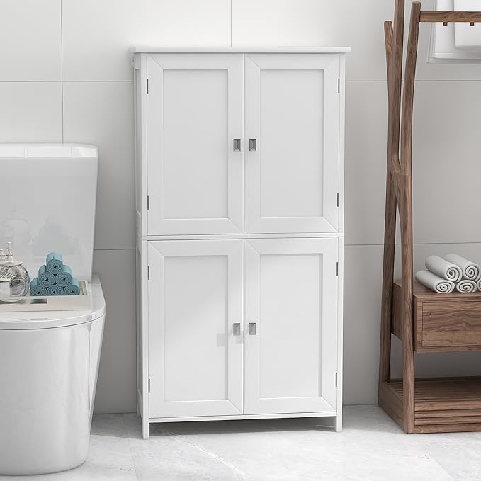 TaoHFE 2 Tier White Bathroom Storage Cabinet,Wood Bathroom Cabinets Freestanding with 4 Door Organizers Storages with Adjustable Shelves, Storage Cabinet for Living Room,Laundry Room,White