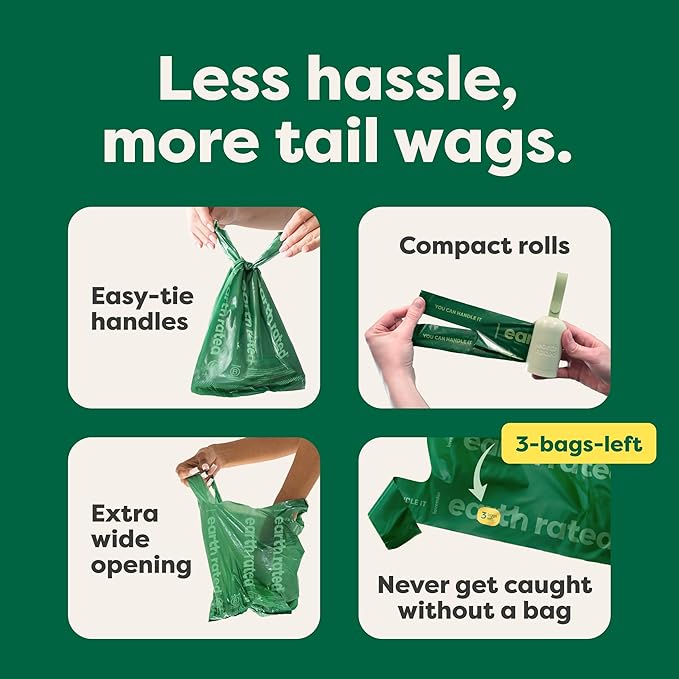 Earth Rated Dog Poop Bags with Handles on Refill Rolls, Easy-Tie on a Compact Roll, Extra Wide Opening, Guaranteed Leak-Proof, Lavender Scented, 105 on Rolls