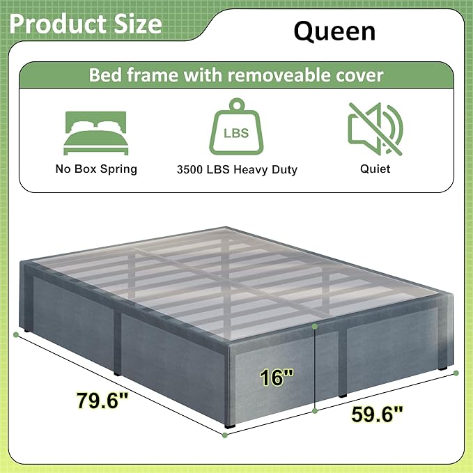 16 Inch Bed Frame Queen Size with Fabric Cover, Metal Platform Queen Bed Frame with Storage No Box Spring Needed, Heavy Duty Non-Slip, Easy Assembly Mattress Foundation