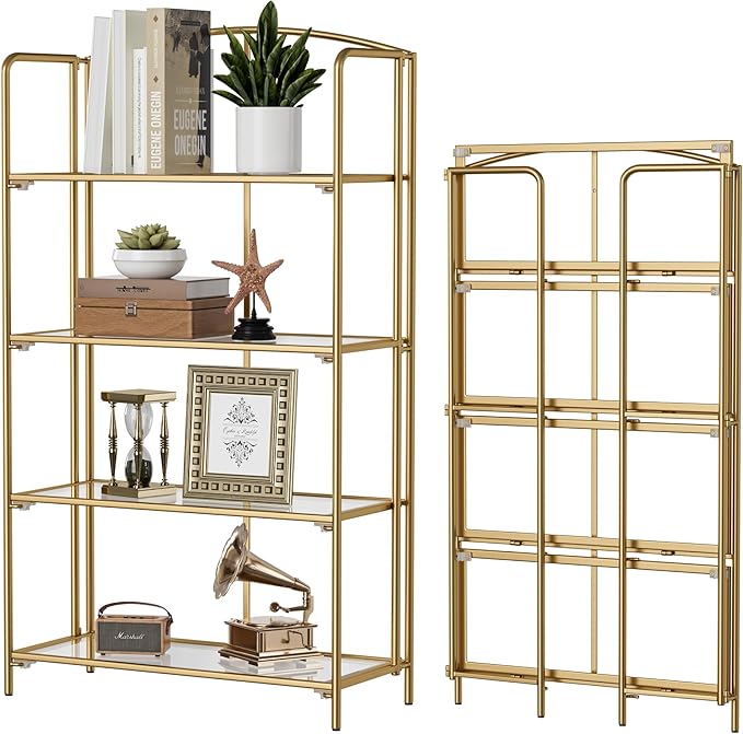 Crofy No Assembly Folding Bookshelf for Living Room, 4 Tier Gold Collapsible Book Shelf for Home Office, Portable Bookcase Storage Organizer