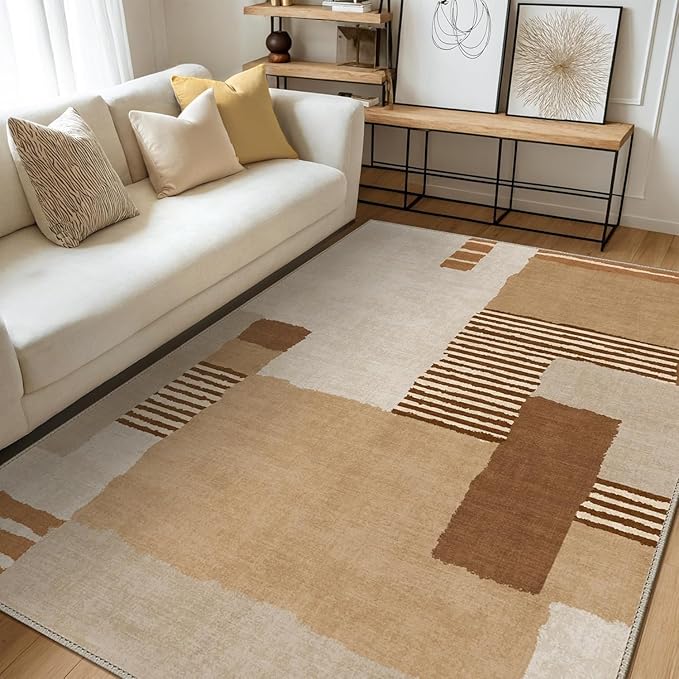 Bavni Washable Rugs 6x9 Area Rug for Living Room Bedroom, Washable Rug Vintage Print Carpet, Low Pile Lightweight Mat with Non Slip Backing, Orange Brown